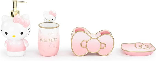 Jay Franco Hello Kitty Organizer Set - 4 Piece Pink Accessories Includes Resin Tumbler, Soap Dispenser, Soap Dish and Toothbrush Holder - Bathroom Décor