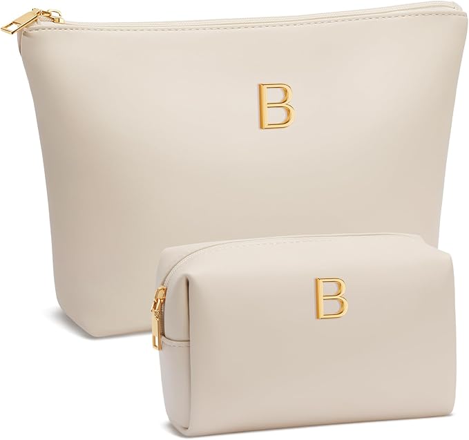 Women Gifts | Initial Makeup Bag Set for Girl Personalized Gifts for Bridesmaid Friend Graduation Teachers PU Leather Cosmetic Travel Toiletry Bag(Beige,B)