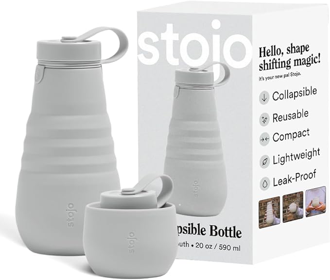 STOJO Collapsible Water Bottle – Cashmere Gray, 20oz / 592ml - Leak-Proof Reusable Silicone Travel Cup for Hot & Cold Drinks - Microwave & Dishwasher Safe