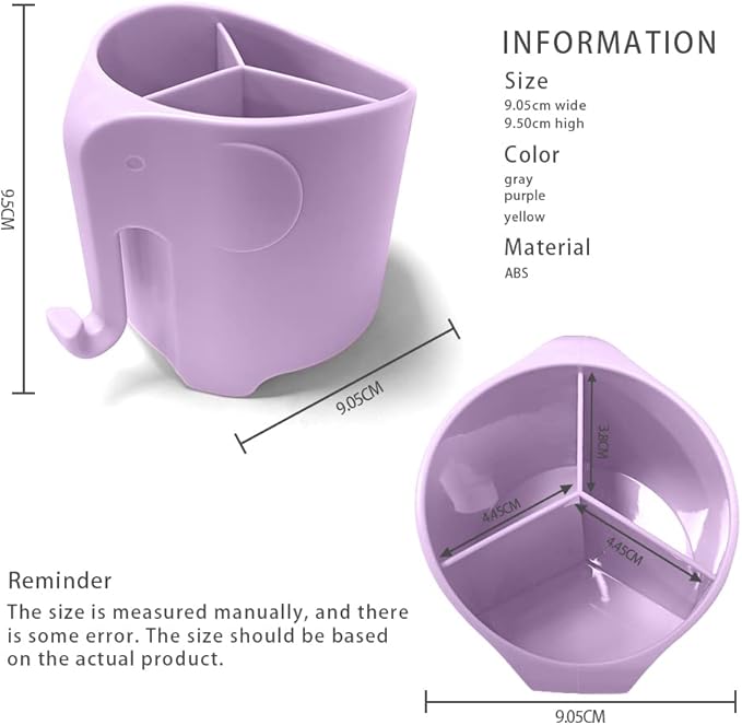 RyanLemon Elephant Toothbrush Holder for Toddler, Suction Cup Cute Toothbrush Holder for Kids, for Bathroom, with 3 Slots and 1 Hook, Light Purple