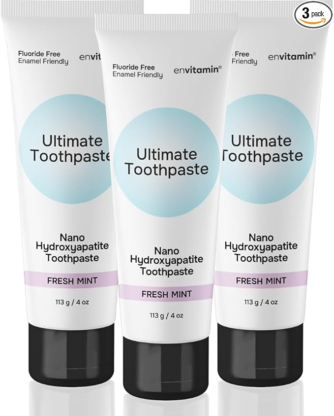 Fluoride Free Nano Hydroxyapatite Ultimate Toothpaste for Remineralizing Enamel & Sensitive Relief, Whitening, Antiplaque, SLS Free, Fresh Mint, 4 oz (3 Tubes, Fresh Mint)