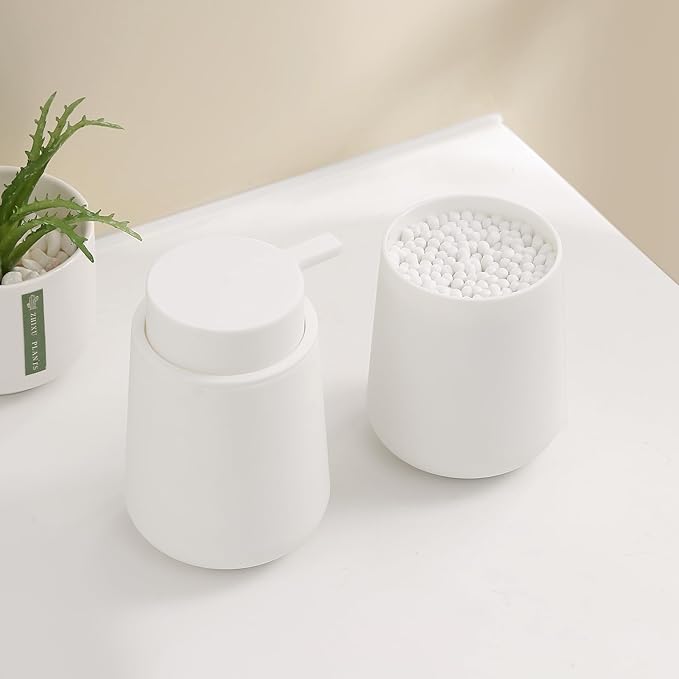 Matte White Bathroom Accessories 2 Piece Set Plastic Soap Dispenser and Toothbrush Holder for Modern Bathroom Decor