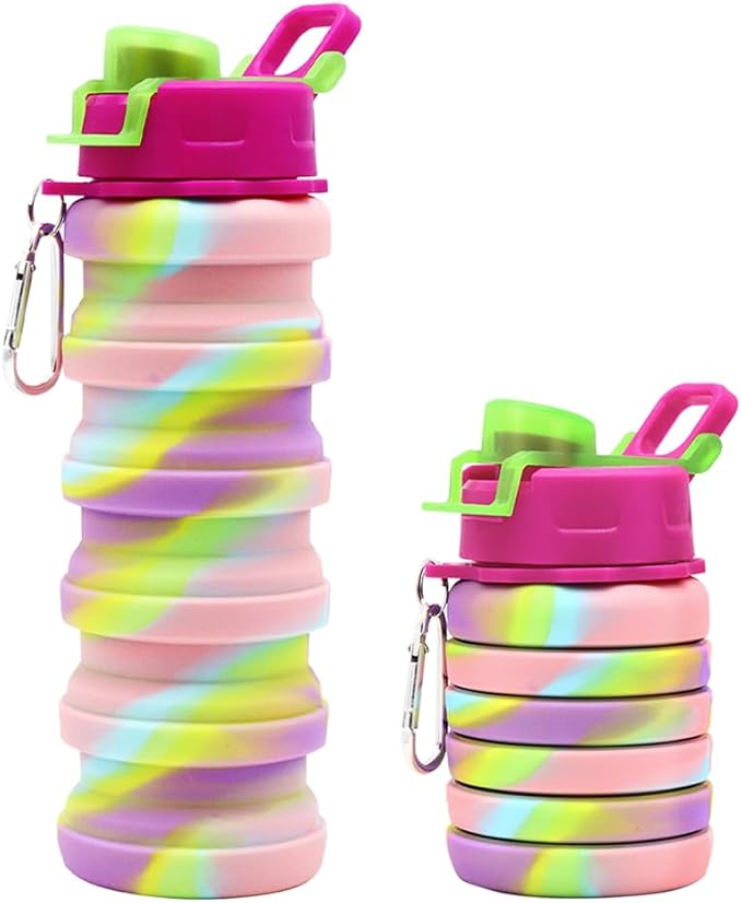 Silicone Collapsible Water Bottles, 16oz 500ml Portable Foldable Expandable Water Bottle Sports Cups, Leak Proof Reusable BPA Free, for Outdoor Activities Travel(2# Pink)