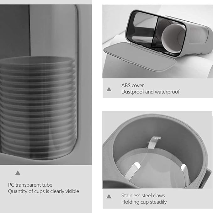 LBTING Water Cooler Cup Dispenser, Pull Type Cup Holder Wall Mounted Fit 4oz - 6oz Small Cup, Double Tube Disposable Cups Dispenser for Cone or Flat Bottom Cups – Gray