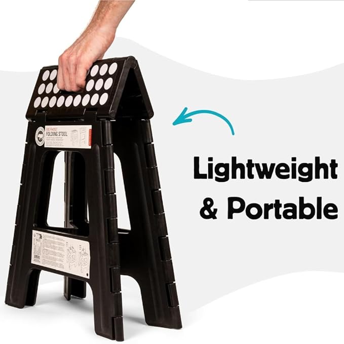 Kikkerland Rhino Foldable Step Stool – Holds Adults up to 300 Lbs, Best for Kitchen & Bathroom – Collapsible, Portable, Lightweight Stepping Stool with Sturdy, Non-Slip Design – Black, 15”