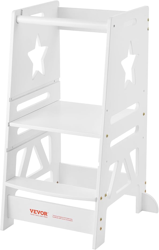 VEVOR Tower Step Stool, 3-Level Height Adjustable Toddler Step Stools for Kids, Bamboo Kitchen Stool, Standing Tower Learning Stool with Safety Rail for Kitchen Counter Bathroom, 350LBS, White