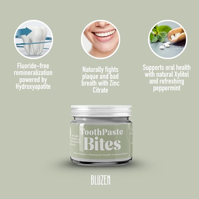 Whitening Toothpaste Tablets with Nano Hydroxyapatite, Fluoride Free, Plastic Free, Eco & Best Travel Friendly Chewable Mint Toothpaste Bites | 62 Count