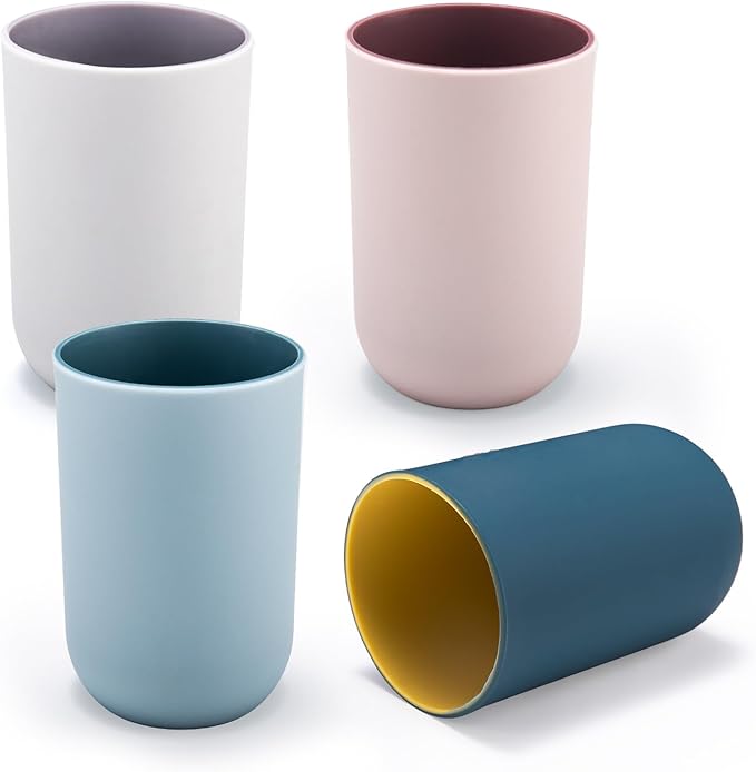 4 Pieces Plastic Bathroom Tumblers, PNDID Unbreakable Toothbrush Cup, Plastic Mouthwash Cup Toothbrush Holder (Light Gray, Dark Blue, Light Pink, Light Blue)