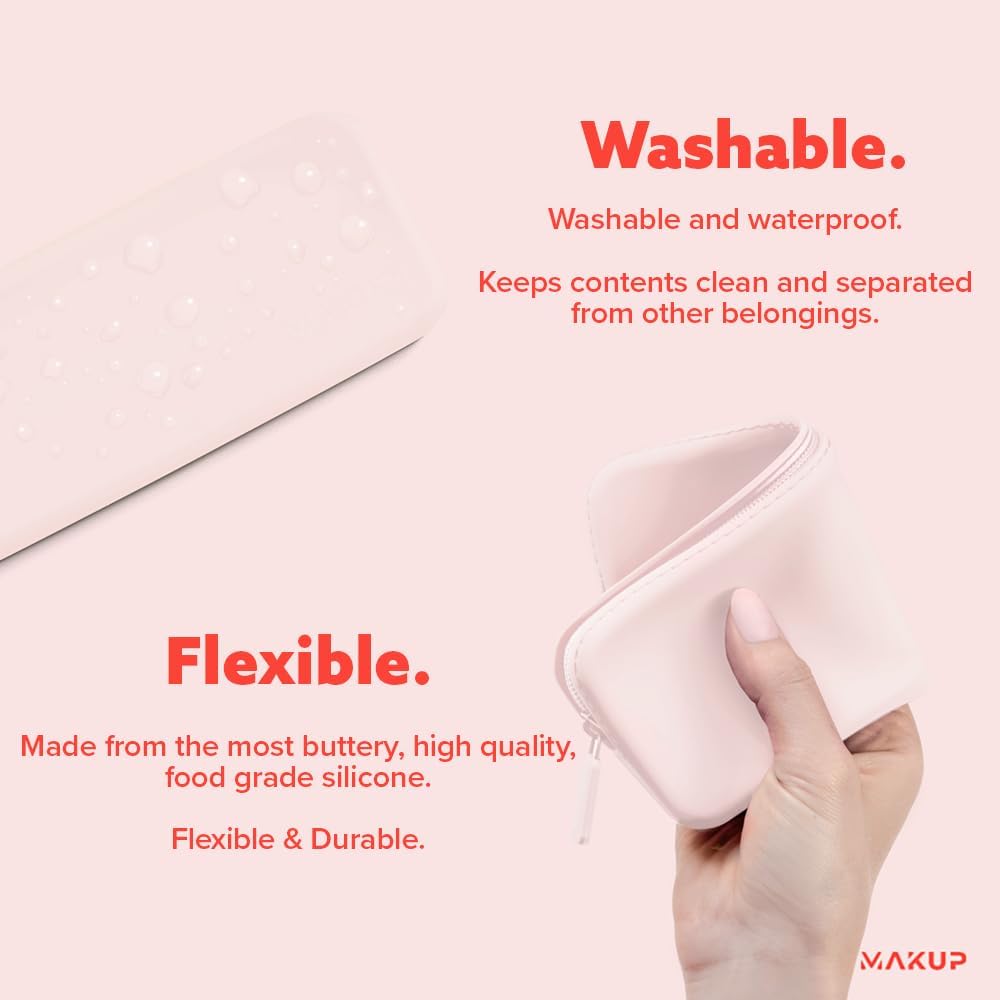 MAKUP Silicone Makeup Bag, Makeup Brush Holder with Zipper for Organizing Cosmetics, Makeup Brushes, Tools and Pencils, Washable Makeup Brush Holder Pouch for Travel (Pink Sand)