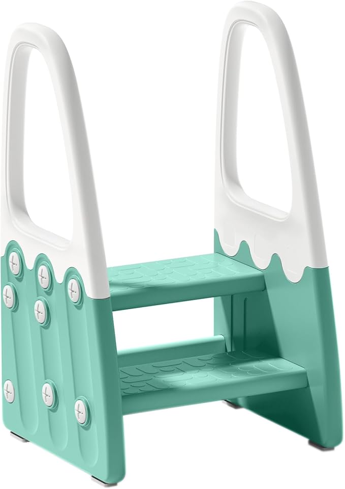 Two Step Stool with Handrails for Toddler and Kids, Standing Learning Stool Tower for Bathroom Sink, Potty Training, Children Step Up Learning Helper with Handles (Green-White)