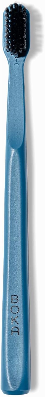 Boka Classic Manual Toothbrush with Extra Soft Activated-Charcoal, Tapered Bristles, Bioplastic Handle That Includes Travel Cap, Dentist-Approved, Great for Adults and Kids, Blue (Pack of 1)