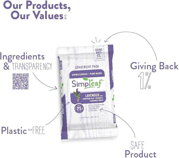 Simpleaf Flushable Wet Wipes Lavender| Eco-Friendly, Paraben & Alcohol Free | Hypoallergenic & Safe for Sensitive Skin | Soothing Aloe Formula | (6 x 25 Counts Convenient Pack) 150 Counts Total