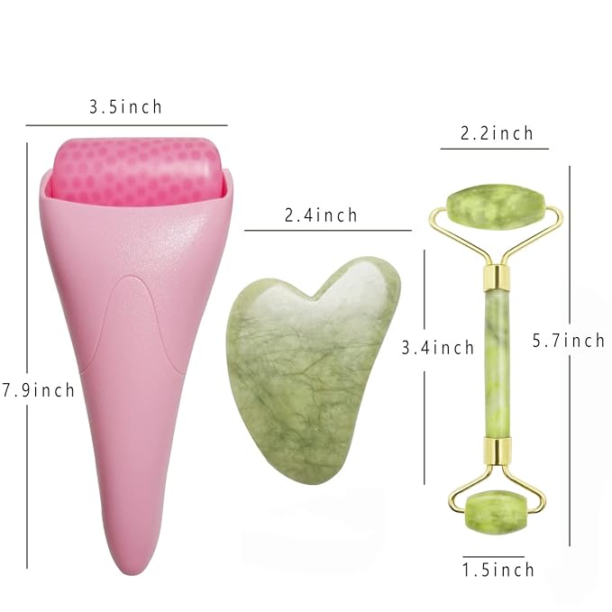 Chikoni 3 in 1 Ficial Face Ice Jade Roller and Gua Sha Tool, Natural Real Jade Anti-Wrinkle Face Eye Neck Massager Tool, Reduce Wrinkles, Puffiness, Migraine, Redness, Pain and Injury，Pink