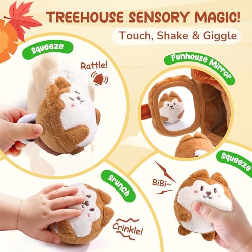 JoyCat Baby Toys 6-12 Months - Soft Baby Treehouse with 5 Sensory Squirrels - Rattle, Crinkle Paper, Squeaker, Mirror, Busy Montessori Soft Toys for Toddlers 0-3 Years Old - Christmas Birthday Gift