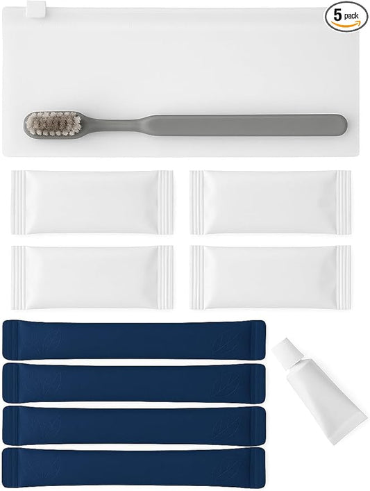 Travel Dental Kit - Toothbrush, Toothpaste, Dental Floss Picks, Mouthwash Packets, Complete Oral Care Set with Pouch