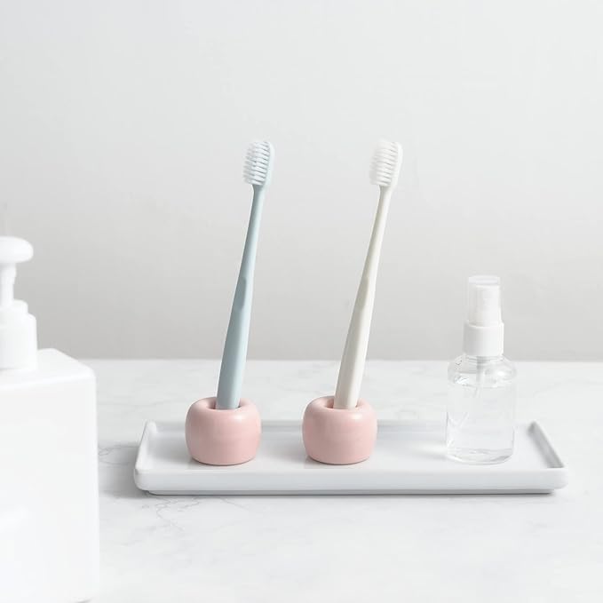 Mini Ceramic Couple Toothbrush Holder, Hand-Made Bathroom Toothbrush Holder, Electric Toothbrush Head Holder and Office Pen Holder 2-Piece Set (Pink)