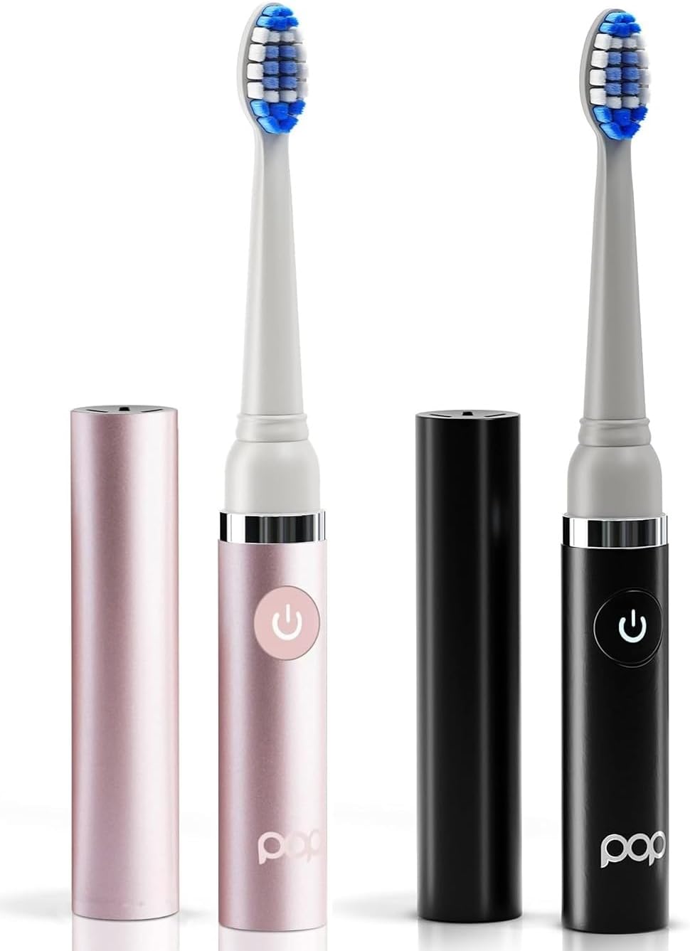 2-Pack Pop Sonic Electric Toothbrush (Metallic Rose & Black) - Travel Toothbrushes w/AAA Battery | Kids Electric Toothbrushes with 2 Speed & 15,000-30,000 Strokes/Minute, Dupont Nylon Bristles