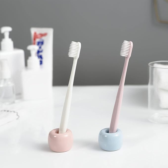 Mini Ceramic Couple Toothbrush Holder, Hand-Made Bathroom Toothbrush Holder, Electric Toothbrush Head Holder and Office Pen Holder 2-Piece Set (Blue)