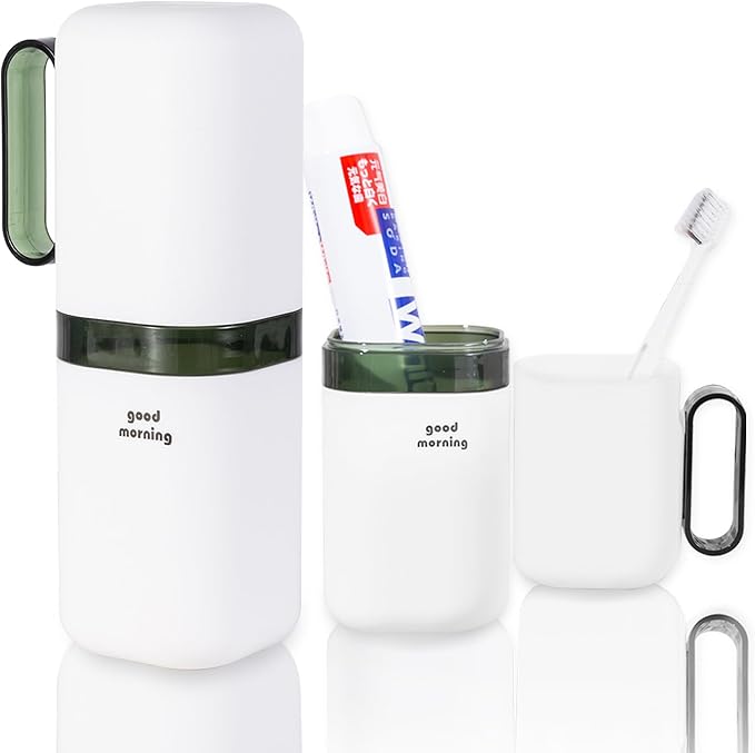 Travel Toothbrush Holder Case,Toothbrush Holder and Rinse Cup with Handle Toothbrush Travel Case, 2 in 1 Toothbrush Cup,Large Capacit Travel Toothbrush Holder with Mouthwash Cup-Green