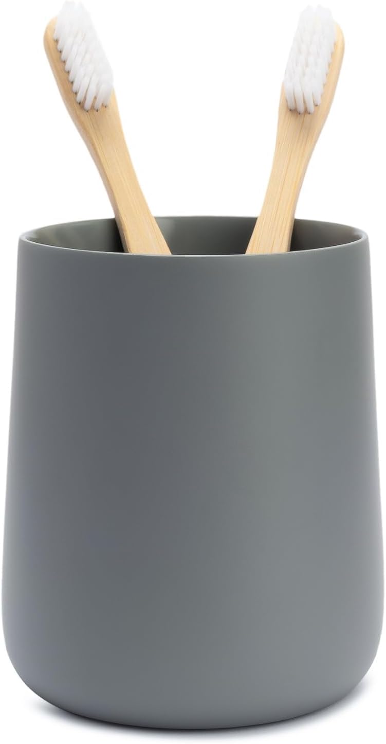 Matte Gray Toothbrush and Toothpaste Holder and Cup for Bathroom Vanity and Countertop, Round Organizer for Electric Toothbrushes, Floss, Razors, Cotton, and Mouthwash