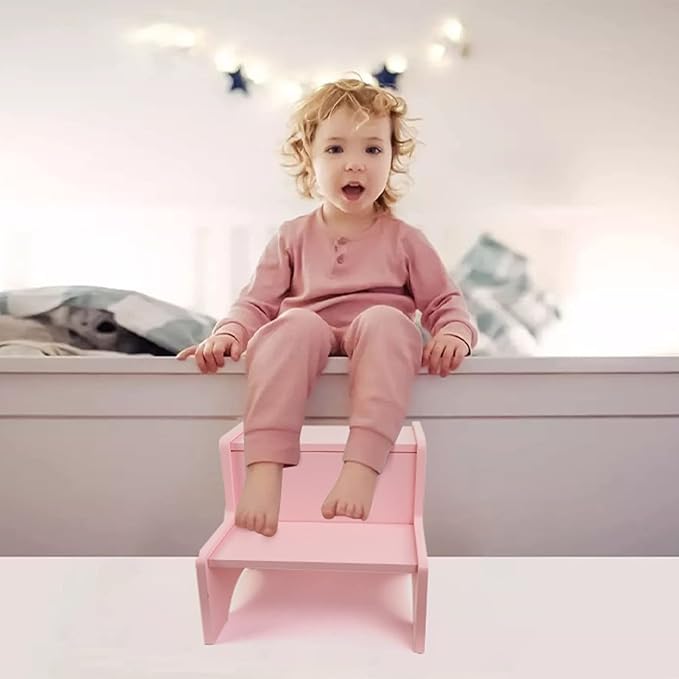 WOOD CITY Wooden Toddler Step Stool for Kids, Pink Two Step Children's Stool with Handles, Bonus Non-Slip Pads for Safety, Bathroom Potty Stool & Kitchen Step Stools Dual Height