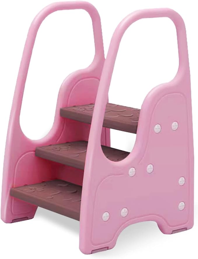 3 Step Stool for Toddler,Kids Three Step Stool for Bathroom Sink or Kitchen Counter Standing Tower, Children Step Up Learning Helper with Safety Handles and Non-Slip Pads,Pink