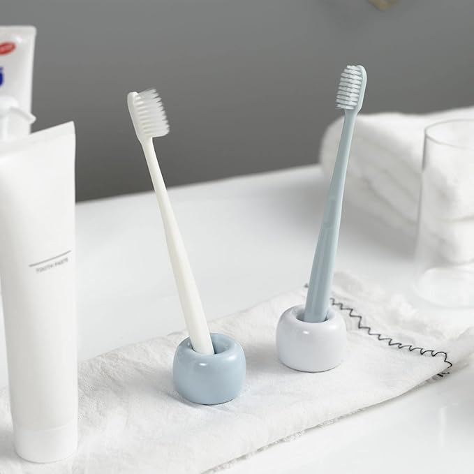 Mini Ceramic Couple Toothbrush Holder, Hand-Made Bathroom Toothbrush Holder, Electric Toothbrush Head Holder and Office Pen Holder 2-Piece Set (White)