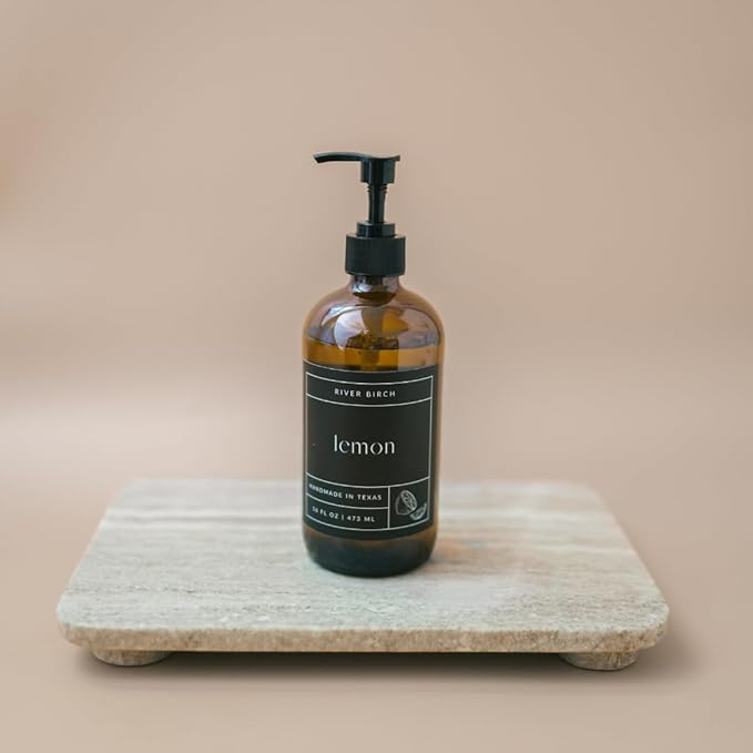 River Birch Lemon Scented Natural Hand Soap - Handmade Soap - Moisturizing Hand Wash with Amber Glass Dispenser - Luxury Scented Hydrating Hand Soap - Vegan and Non-Toxic - 16 Fl Oz