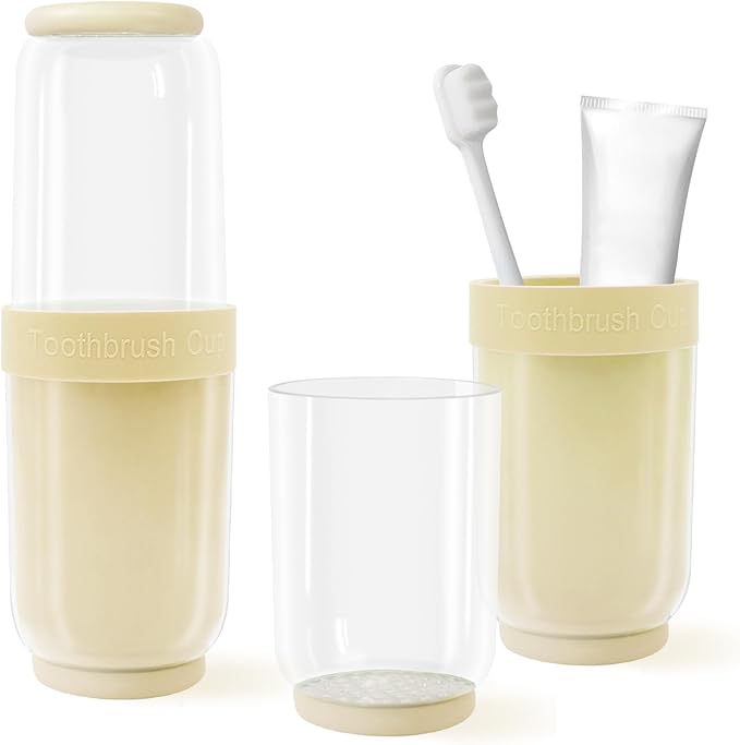 Toothbrush Cup with Cover, Travel Toothbrush Case Portable Toothbrush Holder for Traveling Business Camping School Bathroom (Beige)