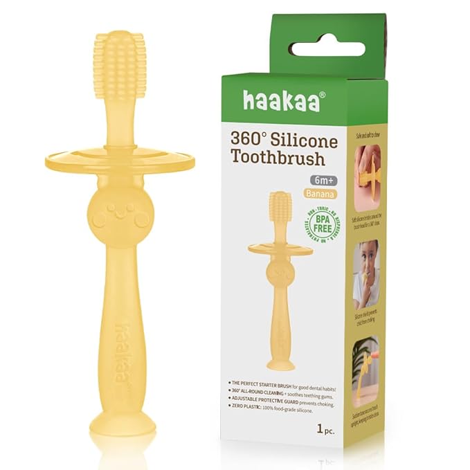 haakaa 360° Silicone Baby Toothbrush – 100% Soft Food Grade Silicone, BPA-Free, Suction Base, Safe for Babies 6 Months+, Gentle Gum and Teeth Cleaning for Infants, Gum Massager (Banana)