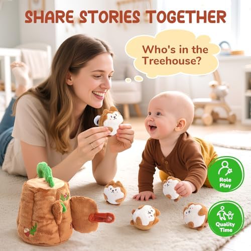 JoyCat Baby Toys 6-12 Months - Soft Baby Treehouse with 5 Sensory Squirrels - Rattle, Crinkle Paper, Squeaker, Mirror, Busy Montessori Soft Toys for Toddlers 0-3 Years Old - Christmas Birthday Gift