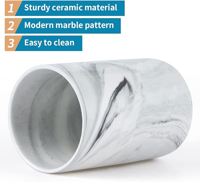 Bathroom Tumbler Cup, Ceramic Toothbrush Holder Stand for Mouthwash Rinsing, Toothpaste, Pen, Makeup Brush, Teaspoon Organizer, 10oz / 300ml (Marble Pattern)