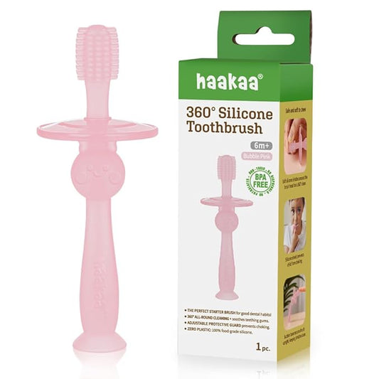 haakaa 360° Silicone Baby Toothbrush for Infants & Toddlers 6 Months+ | BPA-Free First Toothbrush with Soft Bristles & Safety Shield | Gentle Oral Care for Babies | Easy-Grip, Food-Grade Silicone