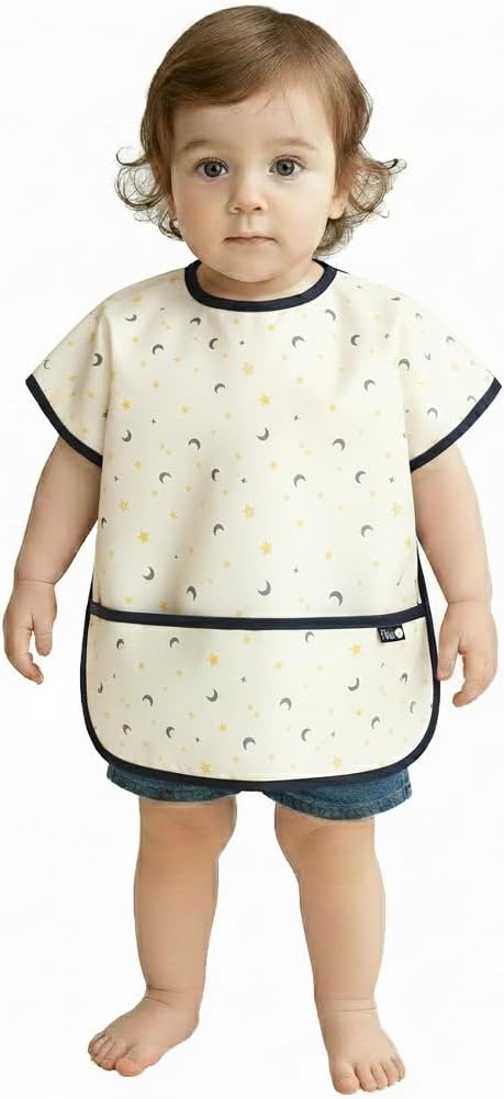 Short Sleeve Waterproof Bib for Toddlers – Easy Clean Feeding Apron for Mealtime, Daycare, Self-Feeding, Lightweight