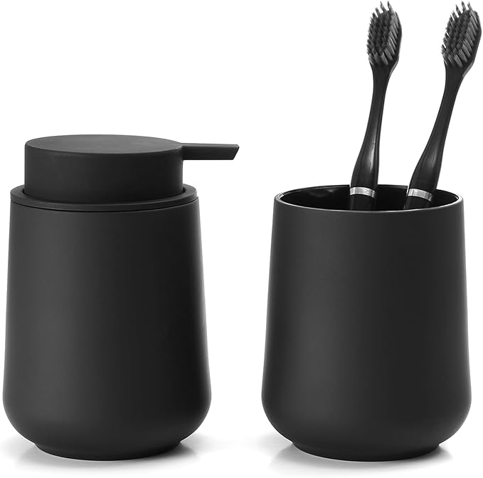 Matte Black Bathroom Accessories 2 Piece Set Plastic Soap Dispenser and Toothbrush Holder for Modern Bathroom Decor