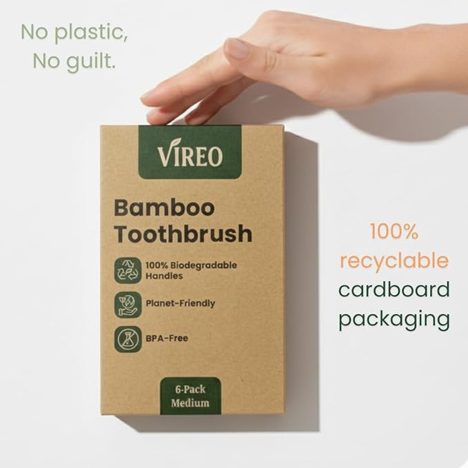 VIREO Bamboo Toothbrushes Medium Bristles 6-Pack - BPA-Free Eco-Friendly Toothbrushes for Adults - Biodegradable, Natural Wooden Toothbrush
