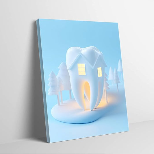 Modern Tooth Watercolor Art,Minimalist House Canvas Print,Contemporary Dental Decor,Cozy Living Room Art,8x12inch Framed Display Ready to Hang