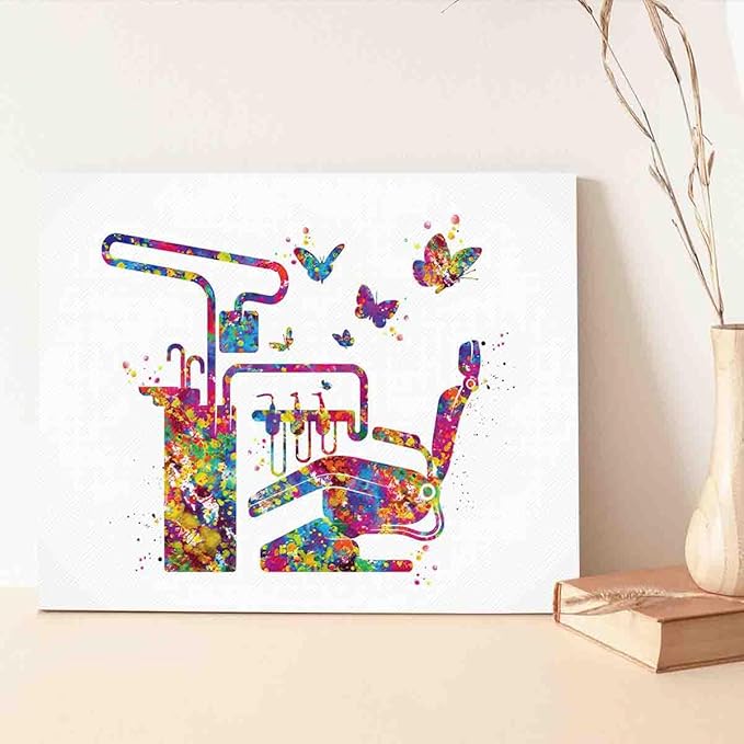 MBARE Watercolor Art Prints,Dentist Chair Watercolor Print Dental Art Tooth Art Teeth Decor Clinic Wall Decor Medical Art Dental Office~-8"X12" Canvas Print With Frame