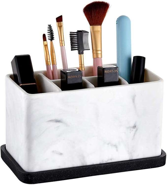 ZCCZ Marble Look Toothbrush Holder for Bathroom Countertop Organizer, Holds Toothpaste, Dental Floss, Razor, Comb, Makeup Brushes, and More, Stylish Bathroom Accessory for Tooth Brushing Essentials