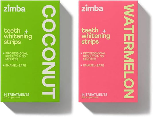 Zimba Teeth Whitening Strips for Teeth Sensitive, White Strips for Teeth Whitening, Teeth Whitener Stain Remover 28 White Strips Included Per Pack, 2 Pack (14 Day Treatment), Coconut and Watermelon