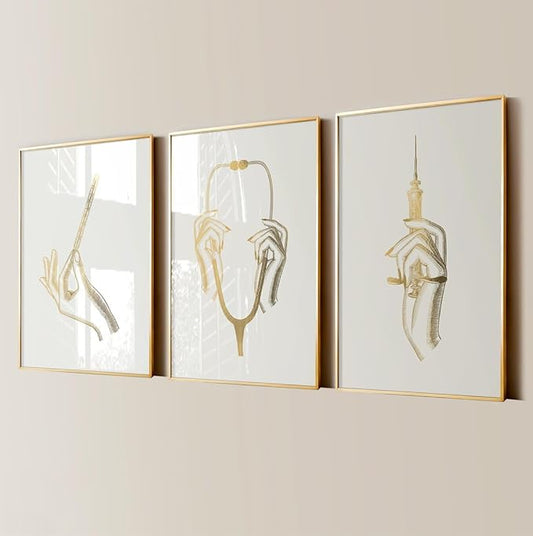 NATVVA Canvas Painting 3 Pieces Syringe Thermometer Stethoscope Art Posters Med Student Gold Prints Wall Art Pictures for Clinic Decor with Wooden Inner Frame