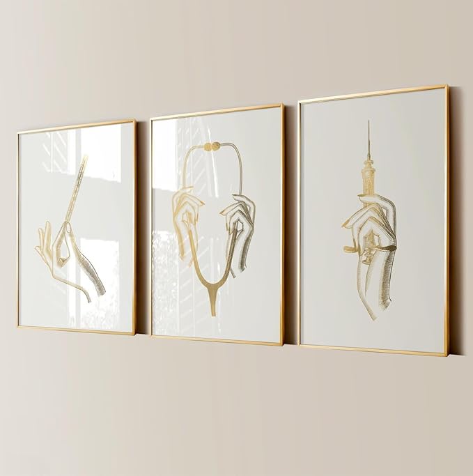 NATVVA Canvas Painting 3 Pieces Syringe Thermometer Stethoscope Art Posters Med Student Gold Prints Wall Art Pictures for Clinic Decor with Wooden Inner Frame