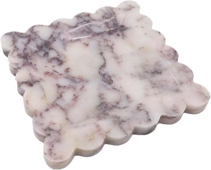 Square Marble Decorative Tray with Scalloped Edge, Luxury Natural Stone Bathroom Vanity Tray, Dresser Top Perfume Coffee Home Kitchen Sink Tray, Key Trinket Ring