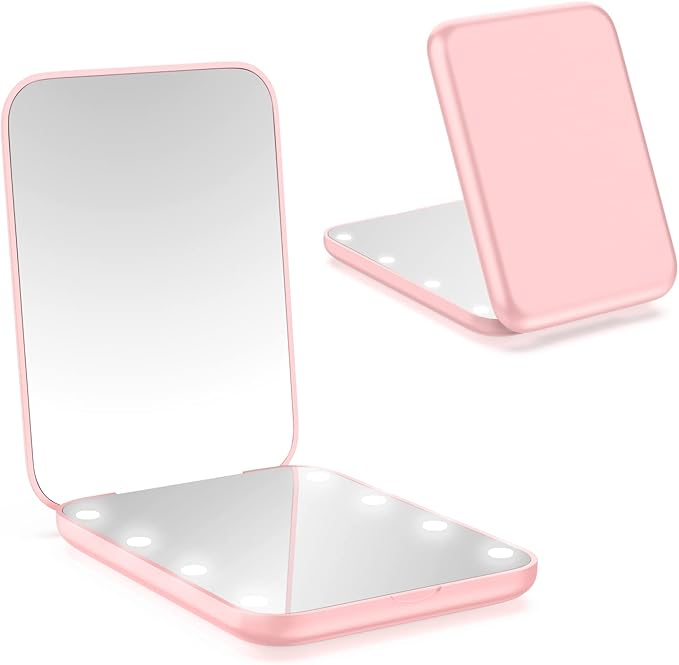 WOBSION Small Mirror with Lights,LED Compact Makeup Mirror,1x/3x Mini Travel Mirror with Magnification,Portable for Purse,Pocket,Gifts for Girls,Pink