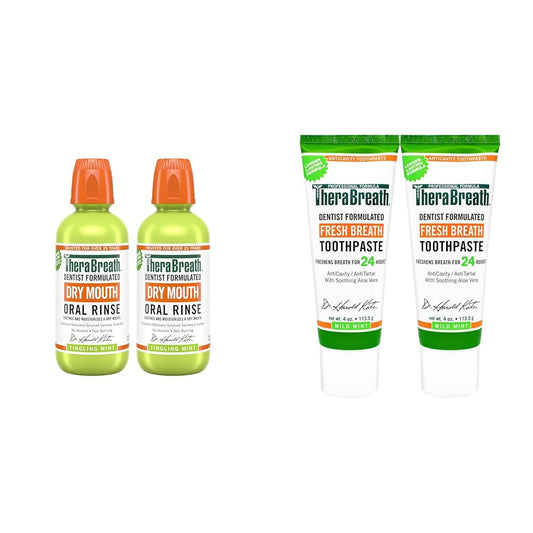 TheraBreath Dry Mouth Oral Rinse, Tingling Mint, Dentist Formulated, 16 Fl Oz (2-Pack) & Fresh Breath Dentist Formulated 24-Hour Toothpaste, Mild Mint, 4 Ounce (Pack of 2)