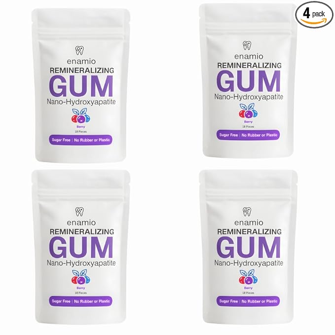 Enamio Berry Remineralizing Gum with Nano Hydroxyapatite for Enamel Support & Sensitive Teeth - Xylitol Gum, Plastic Free, Sugar Free, Natural Oral Care - No Aspartame- Made in USA - 4 Pack