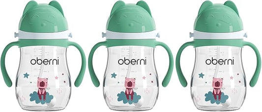 Tritan Sippy Cup, 270ml/9oz Baby Water Drinking Bottle with Removable Handle and Strap, Leak-Proof Training Cup for 12M+/1 Years+ Toddlers, Green/Pack of 3