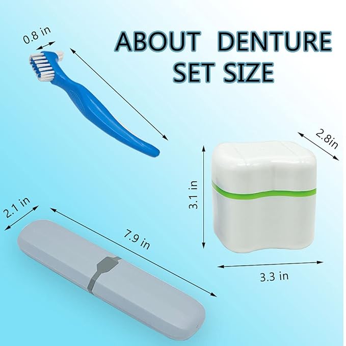 Denture Cup Kit, 2 Denture Case with 2 Denture Toothbrush & 2 Portable Toothbrush Box, Denture Cups for Soaking Dentures, Denture Cleaning Kit for Travel