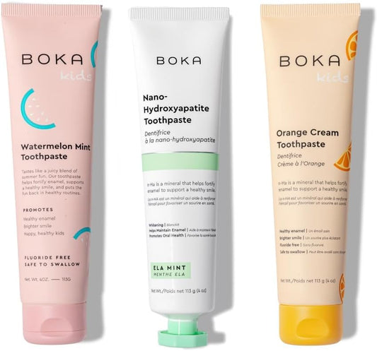 Boka Fluoride Free Toothpaste Nano Hydroxyapatite Toothpaste - Ela Mint, Orange Cream, Watermelon Mint Flavor, 4 oz 3Pk US Manufactured