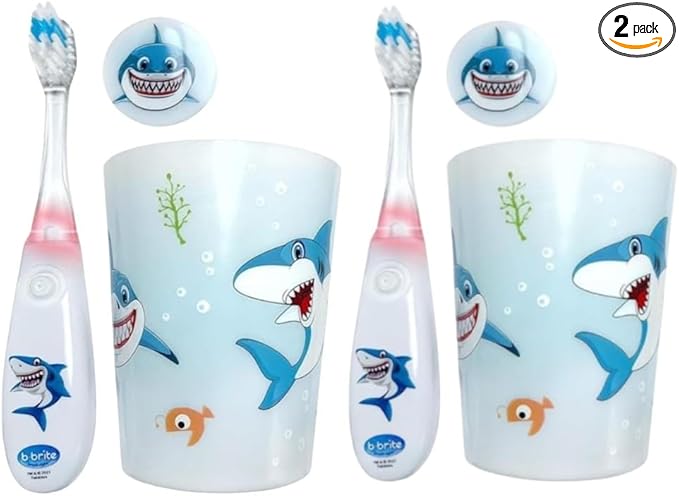 Lily's Home Kids Flashing Timer Toothbrush kids with Soft Bristles, Rising Cup & Cover - Fun 2-Min Light-Up Brushing for Children - Toddler Soft Toothbrush Kit -(shark)- set of 2